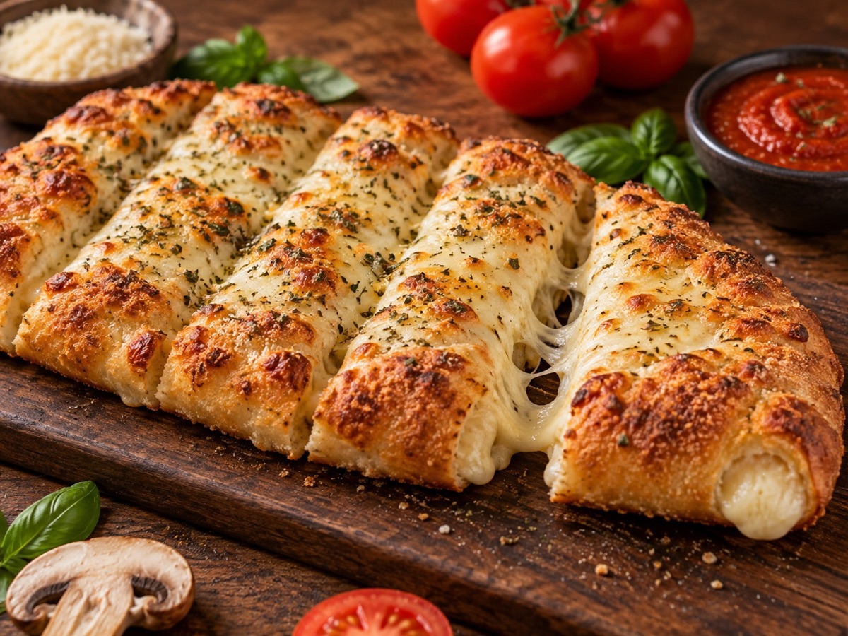 Pizzabrot mit geschmolzenem Käse und Basilikum
