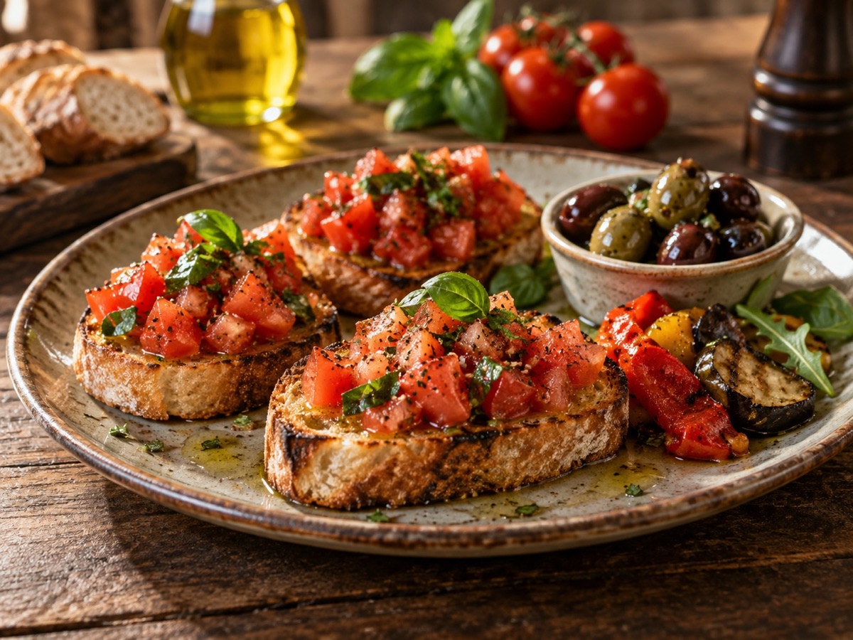 Bruschetta und Antipasti auf einem rustikalen Tisch