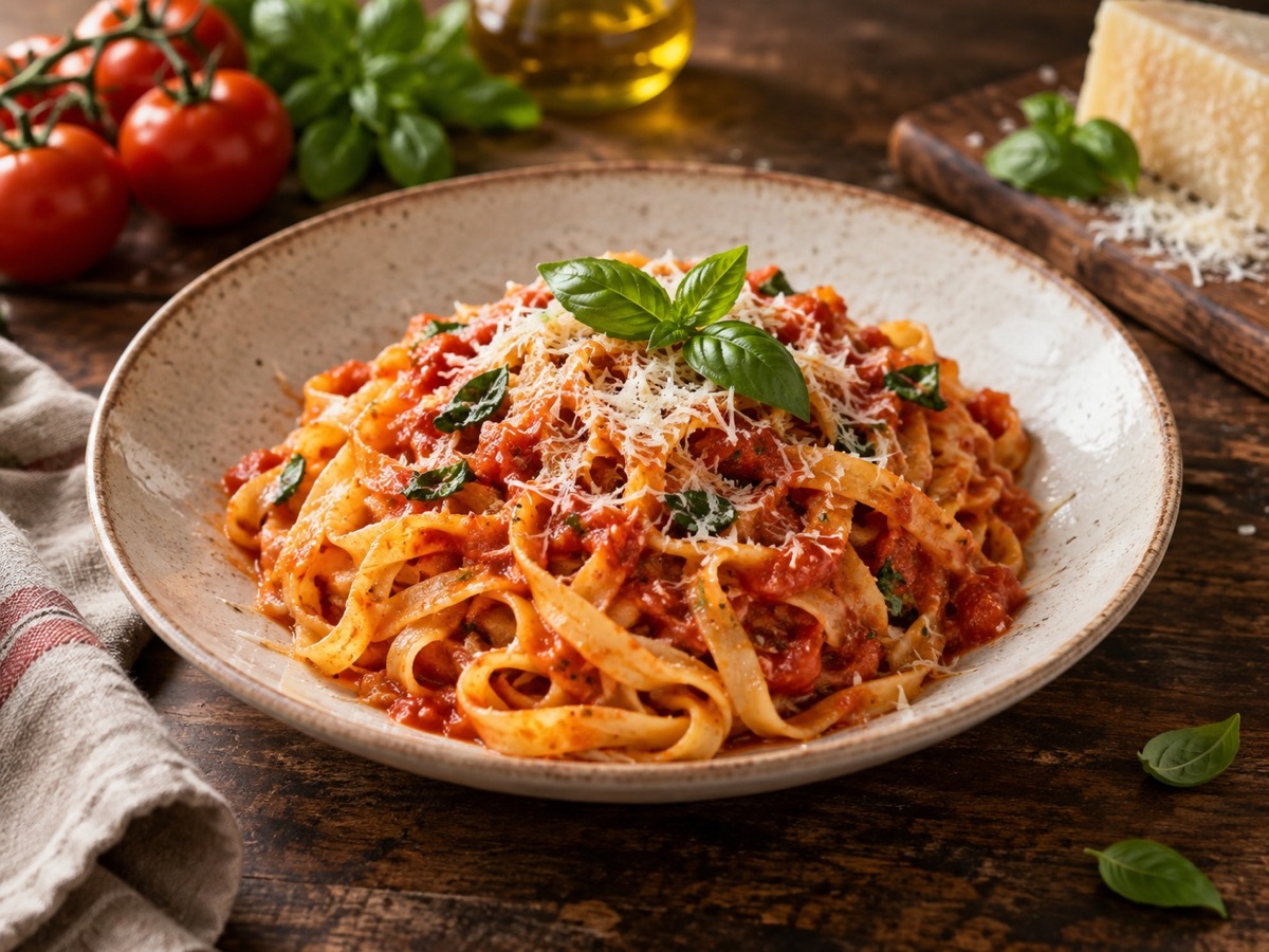 Frische Pasta mit Tomatensoße, Parmesan und Basilikum