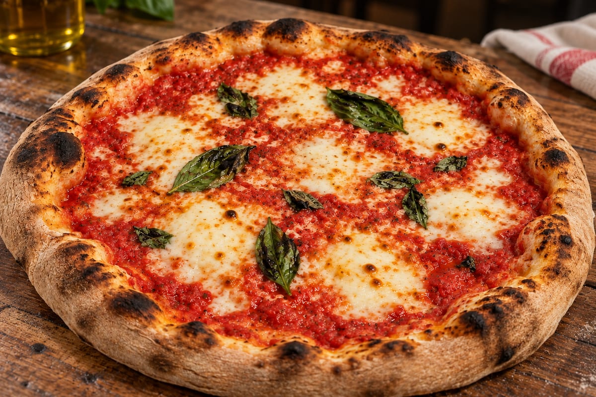 Frisch gebackene Pizza mit Tomaten, Mozzarella und Basilikum